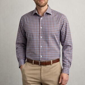 Tattersall Dress Shirt Mens 17.5 32/33 Blue Orange Check Button Down Long Sleeve